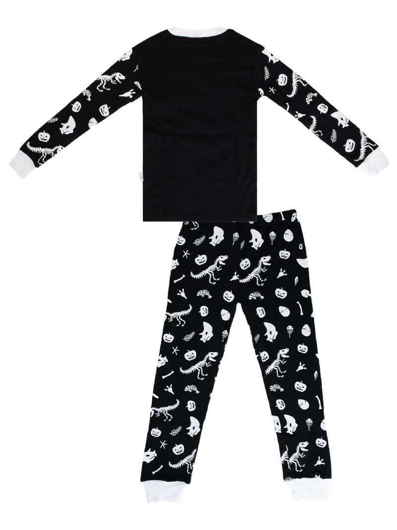 2 Stk Børn Pyjamas Glow-in-the-mørke Dinosaur Print Rund Hals Langærmet Top & Bukser Sæt Til Drenge Piger