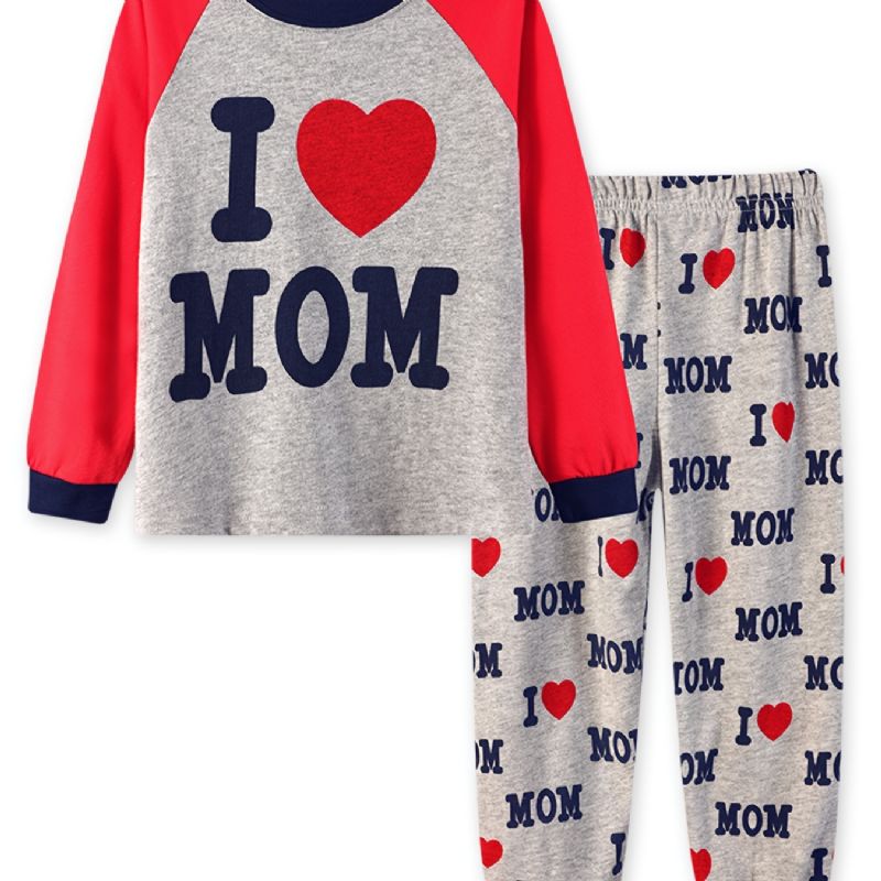 2 Stk. Simple Casual Pyjamassæt Med Rund Hals Langærmede Toppe Og Bukser Med 'i Love Mom'-print Til Vinter