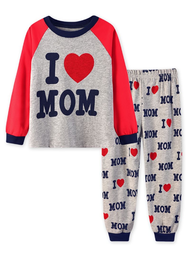 2 Stk. Simple Casual Pyjamassæt Med Rund Hals Langærmede Toppe Og Bukser Med 'i Love Mom'-print Til Vinter