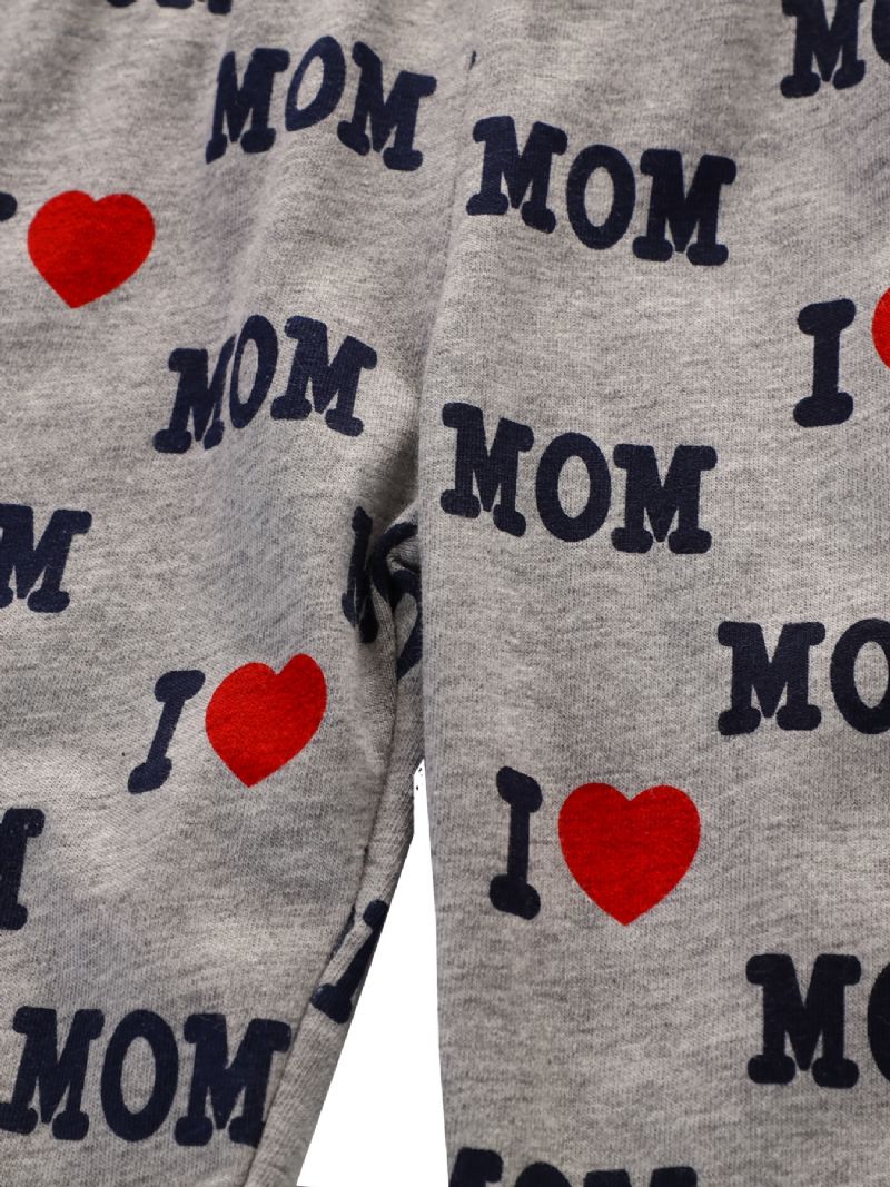 2 Stk. Simple Casual Pyjamassæt Med Rund Hals Langærmede Toppe Og Bukser Med 'i Love Mom'-print Til Vinter