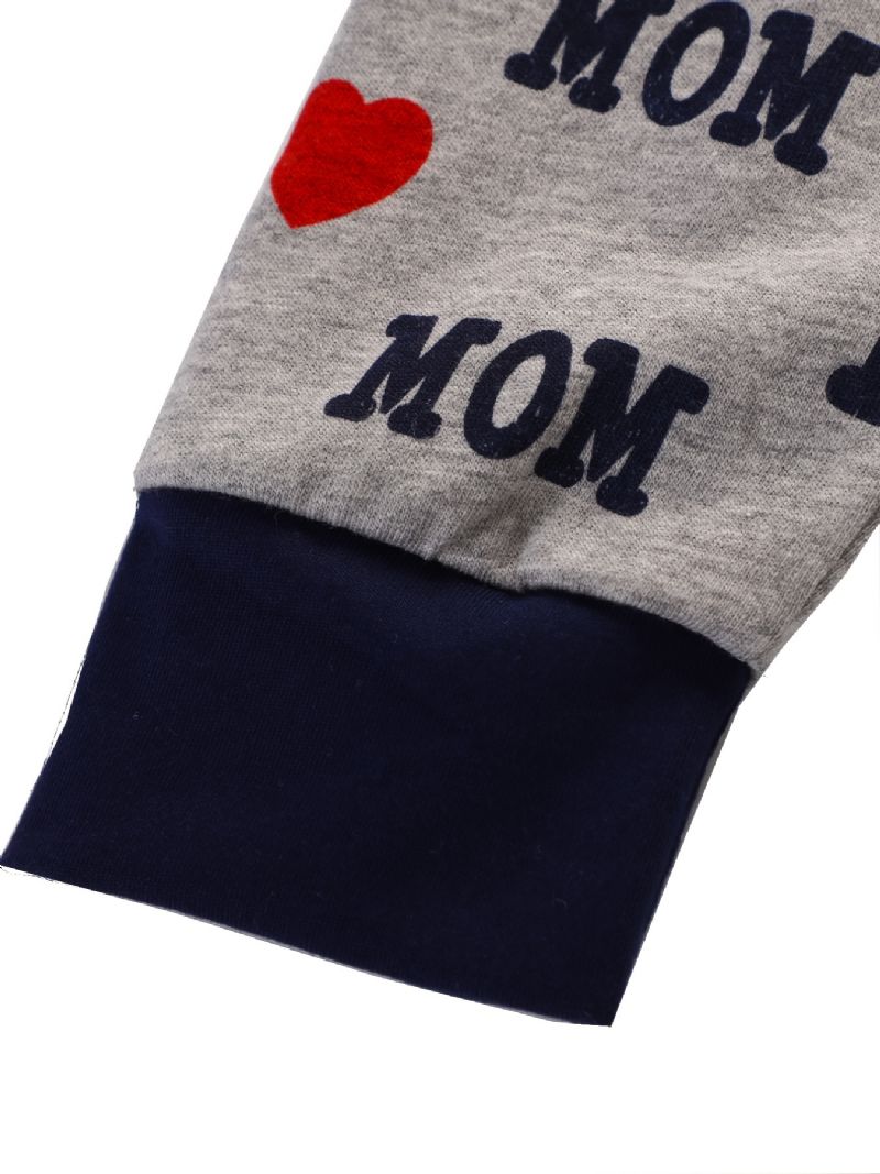 2 Stk. Simple Casual Pyjamassæt Med Rund Hals Langærmede Toppe Og Bukser Med 'i Love Mom'-print Til Vinter