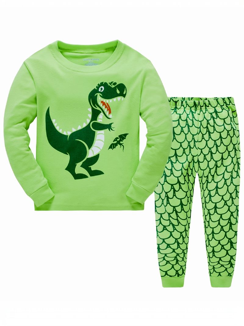 2stk Drenge Tegneserie Dinosaur Print Pyjamas Sæt Sød Afslappet Termisk Rund Hals Langærmede Toppe Og Bukser Til Vinter