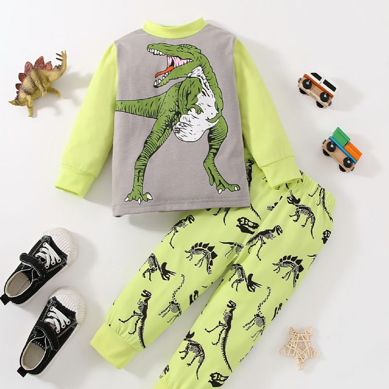 Baby Drenge Pyjamas Dinosaur Print Rund Hals Langærmet Top & Bukser Sæt