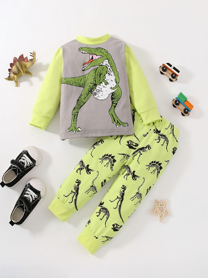 Baby Drenge Pyjamas Dinosaur Print Rund Hals Langærmet Top & Bukser Sæt