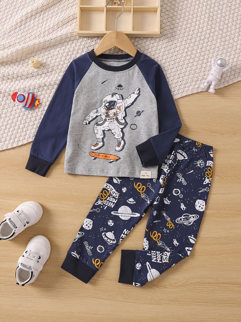 Baby Drenge Pyjamas Familie Outfit Astronaut Print Rundhalset Langærmet Top & Bukser Sæt Børnetøj