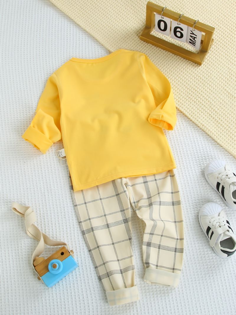 Baby Pyjamas Familie Outfit Tegneserie Æg Print Rund Hals Langærmet Top & Plaid Bukser Sæt Til Drenge Piger Børn Tøj