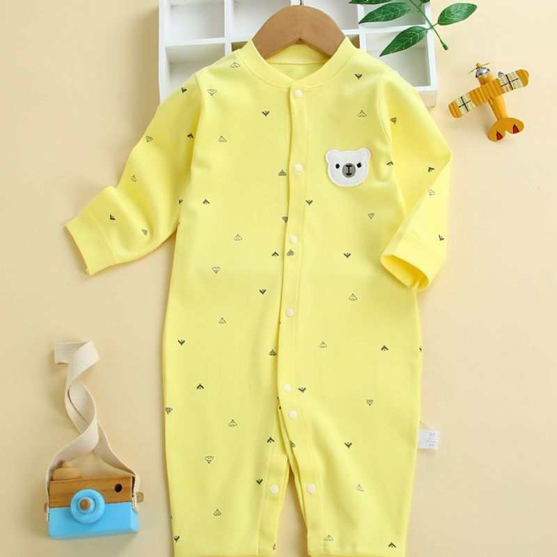 Baby Romper Pyjamas Bomuld Bjørn Broderi Langærmet Jumpsuit Til Drenge Piger Børn Tøj