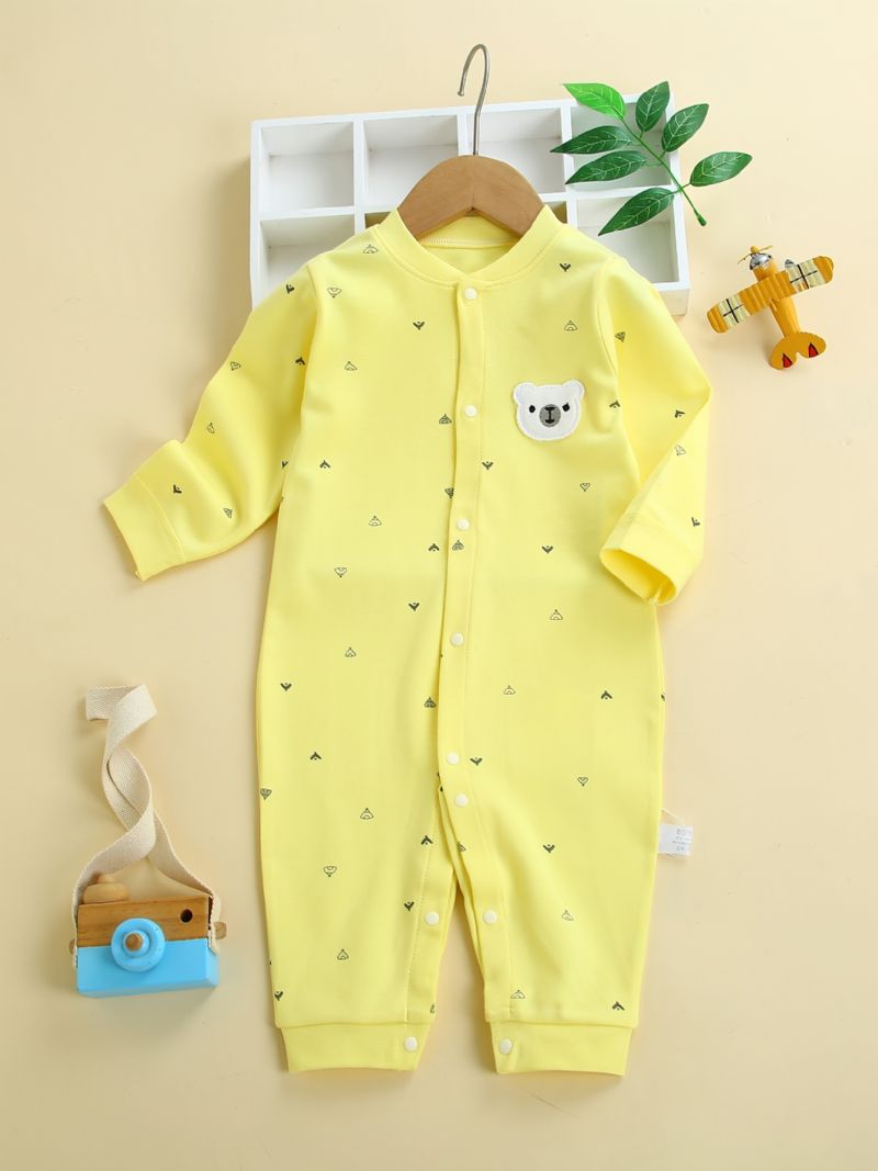 Baby Romper Pyjamas Bomuld Bjørn Broderi Langærmet Jumpsuit Til Drenge Piger Børn Tøj