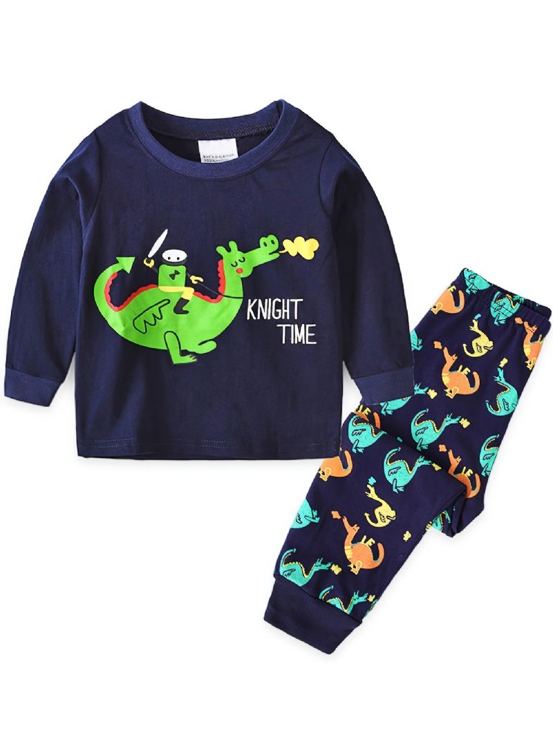 Børn Drenge Pyjamas Tegneserie Dinosaur Print Rund Hals Langærmet Top & Bukser Sæt