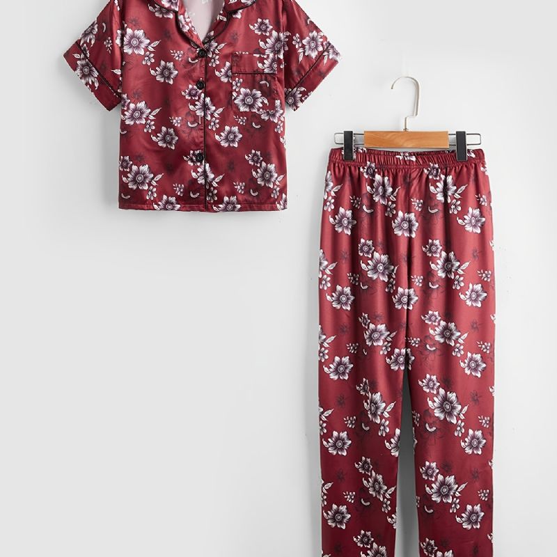 Børn Piger Drenge Blomstermønster Satin Lounge Wear Hjemmetøj Kortærmede Top & Matchende Buksesæt Børnetøj Pyjamassæt