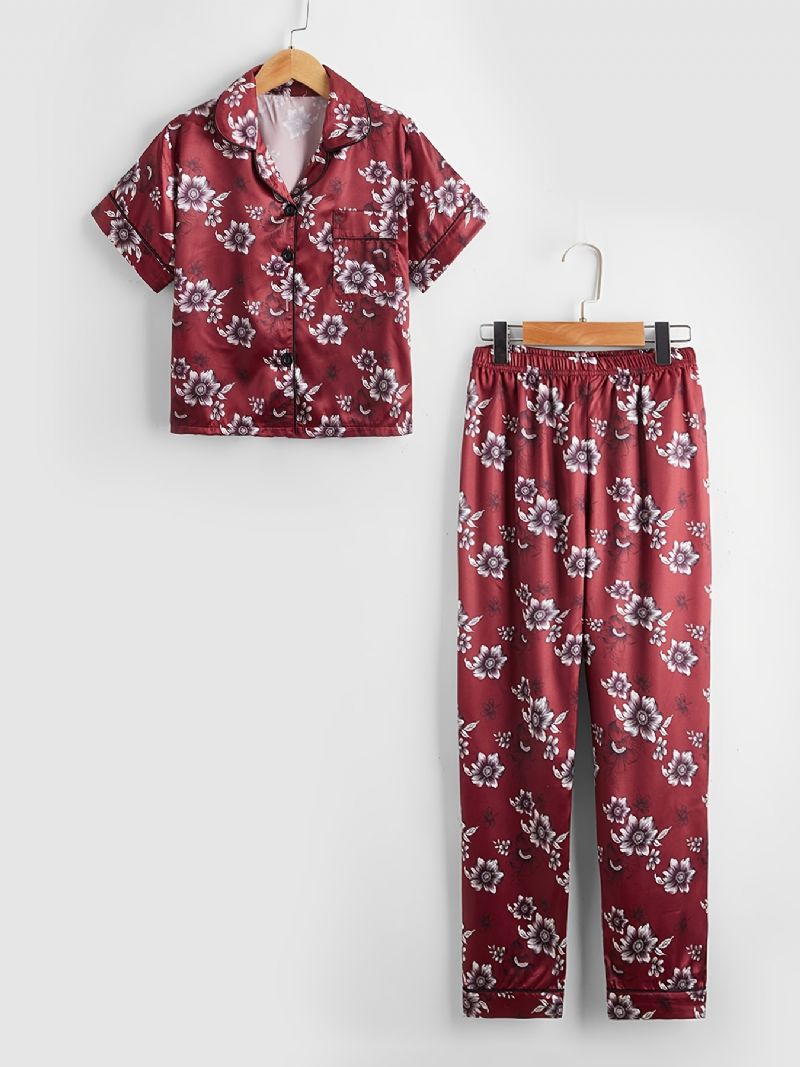 Børn Piger Drenge Blomstermønster Satin Lounge Wear Hjemmetøj Kortærmede Top & Matchende Buksesæt Børnetøj Pyjamassæt