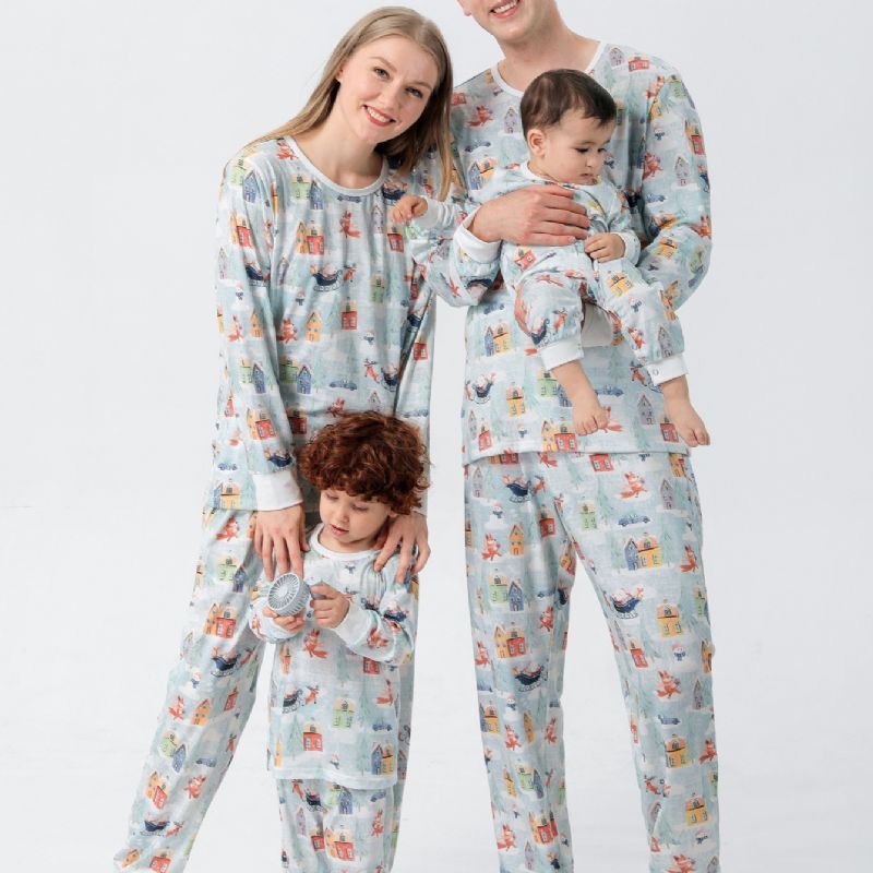 Cartoon Santa Elk House Snowman Pattern Christmas Pyjamas Familie