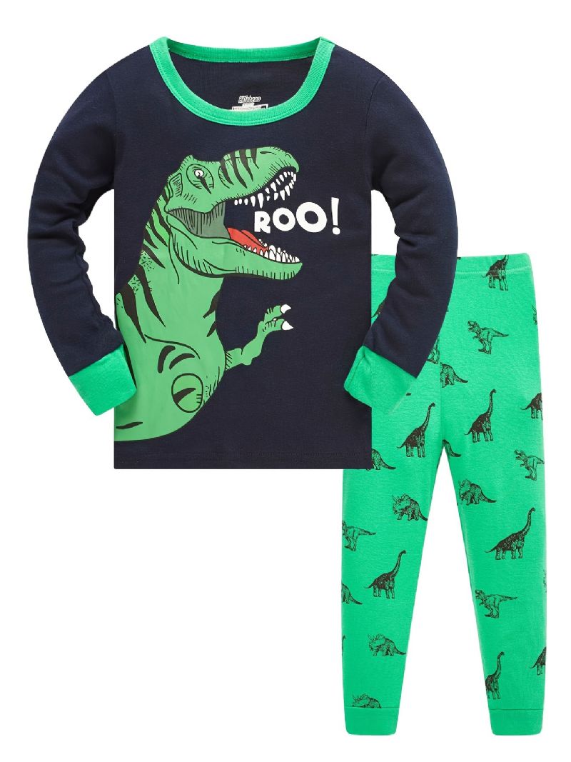 Drenge Lounge Wear Homewear Langærmet Top Og Matchende Bukser Sæt Med Tegneserie Dinosaur Print Pyjamas Sæt