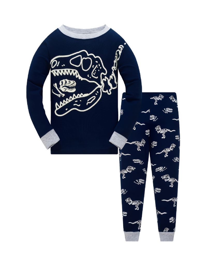 Drenge Pyjamas Sød Dinosaur Print Glow-in-the-mørke Rundhals Langærmet Top Og Bukser Sæt