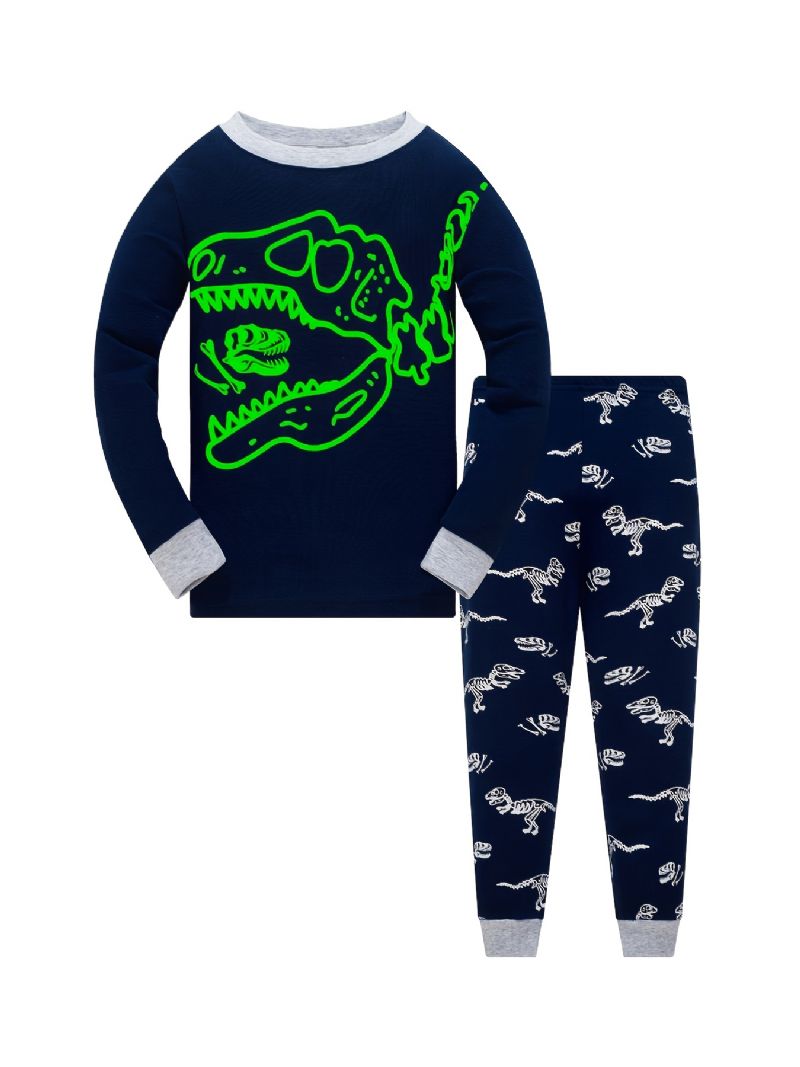 Drenge Pyjamas Sød Dinosaur Print Glow-in-the-mørke Rundhals Langærmet Top Og Bukser Sæt