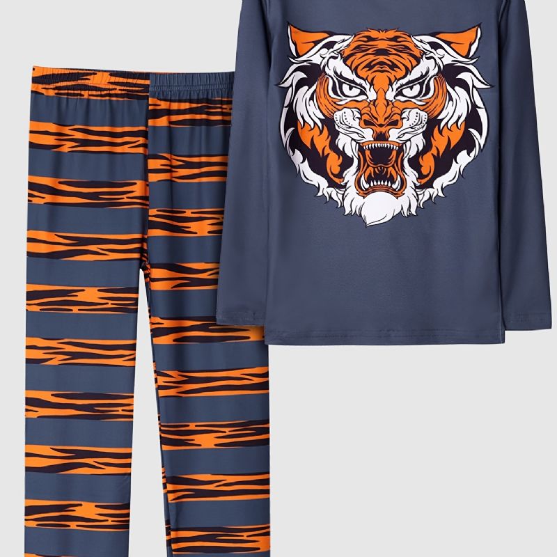 Piger Pyjamas Familie Outfit Tiger Print Rund Hals Langærmet Top Og Bukser Sæt Børnetøj