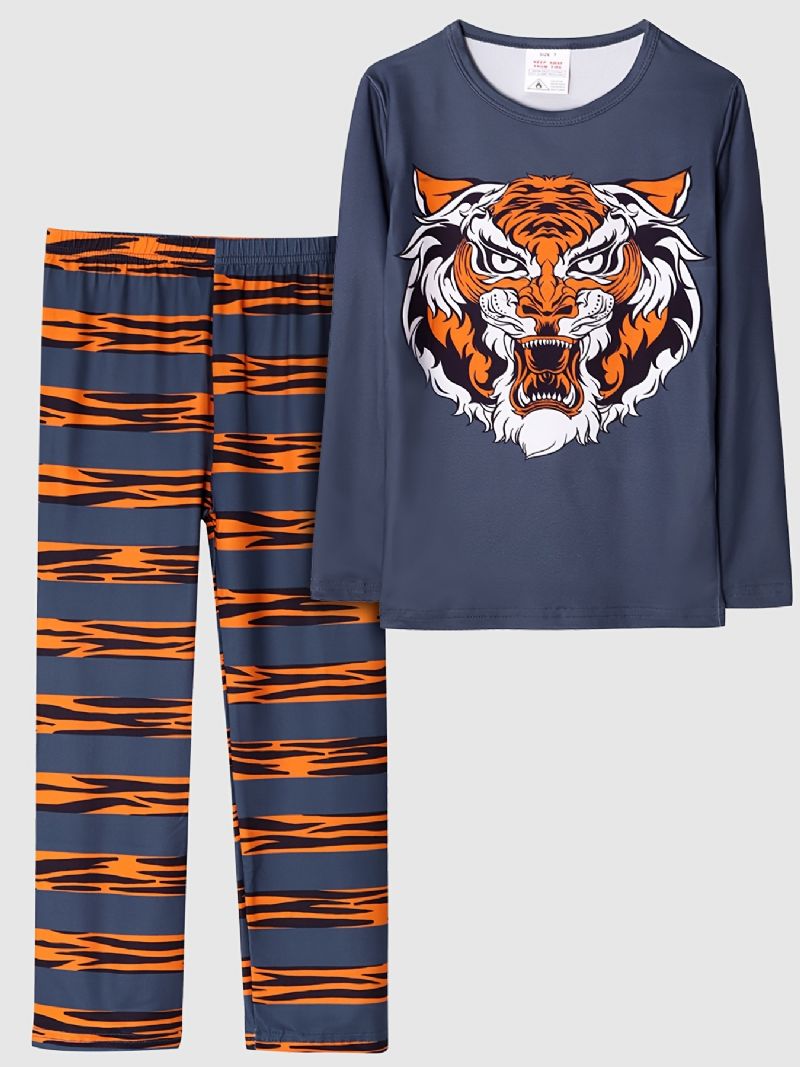 Piger Pyjamas Familie Outfit Tiger Print Rund Hals Langærmet Top Og Bukser Sæt Børnetøj