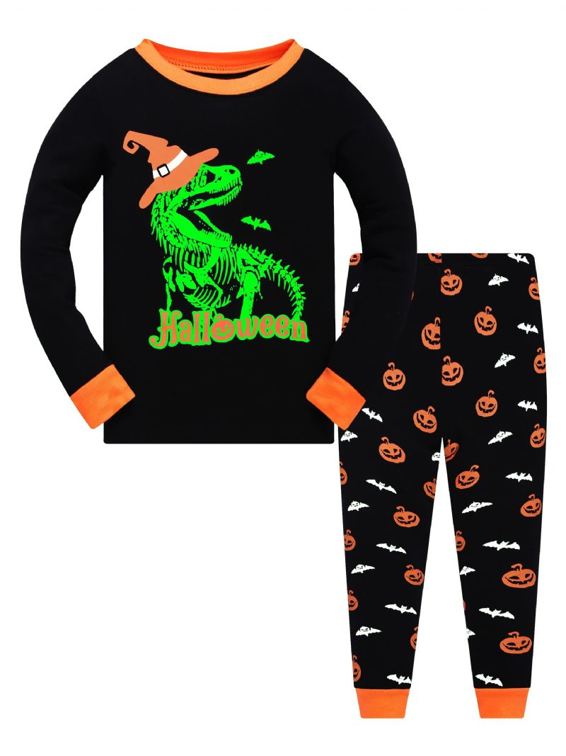 Popshion 2 Stk Drenge Halloween Fluorescerende Tegneserie Dinosaur Glødende Skelet Knogler Langærmet Pyjamas Bomuldsdragt