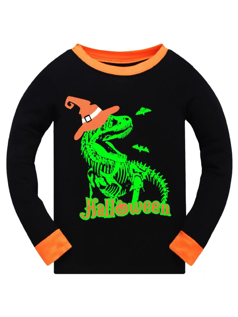 Popshion 2 Stk Drenge Halloween Fluorescerende Tegneserie Dinosaur Glødende Skelet Knogler Langærmet Pyjamas Bomuldsdragt