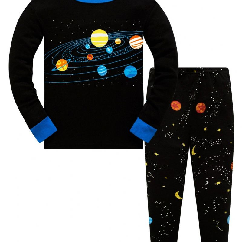 Popshion 2 Stk Drenge Starry Sky Cosmic Planet Langærmet Pyjamas Bomuldsdragt