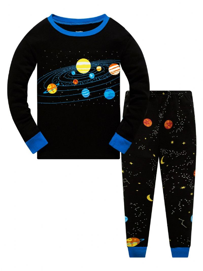 Popshion 2 Stk Drenge Starry Sky Cosmic Planet Langærmet Pyjamas Bomuldsdragt