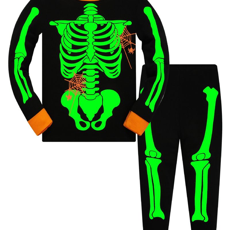 Popshion 2 Stk. Toddler Børn Pyjamas Glow In Dark Halloween Skelet Bomuld Nattøj Sæt Drenge Fluorescerende Elf Skull Spider Web Langærmet Bomuldsdragt