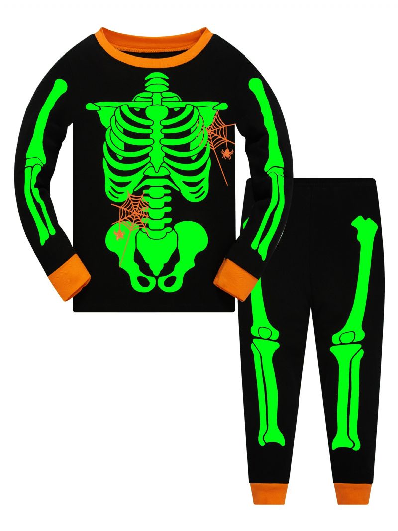 Popshion 2 Stk. Toddler Børn Pyjamas Glow In Dark Halloween Skelet Bomuld Nattøj Sæt Drenge Fluorescerende Elf Skull Spider Web Langærmet Bomuldsdragt