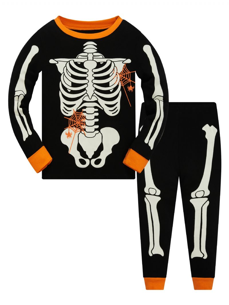 Popshion 2 Stk. Toddler Børn Pyjamas Glow In Dark Halloween Skelet Bomuld Nattøj Sæt Drenge Fluorescerende Elf Skull Spider Web Langærmet Bomuldsdragt