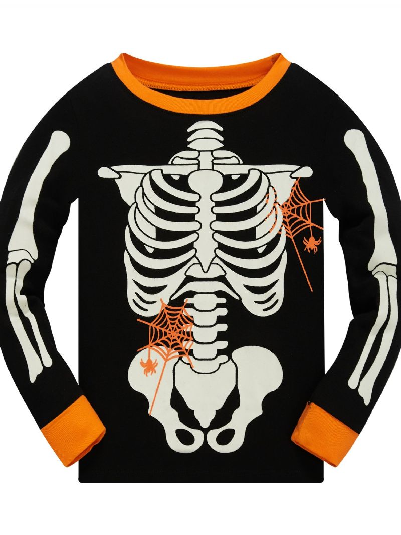 Popshion 2 Stk. Toddler Børn Pyjamas Glow In Dark Halloween Skelet Bomuld Nattøj Sæt Drenge Fluorescerende Elf Skull Spider Web Langærmet Bomuldsdragt