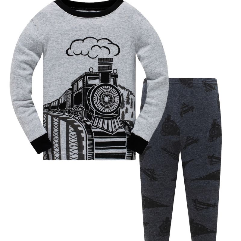 Popshion 2stk Drenge Train Cartoon Langærmet Pyjamas Bomuld Homewear Suit