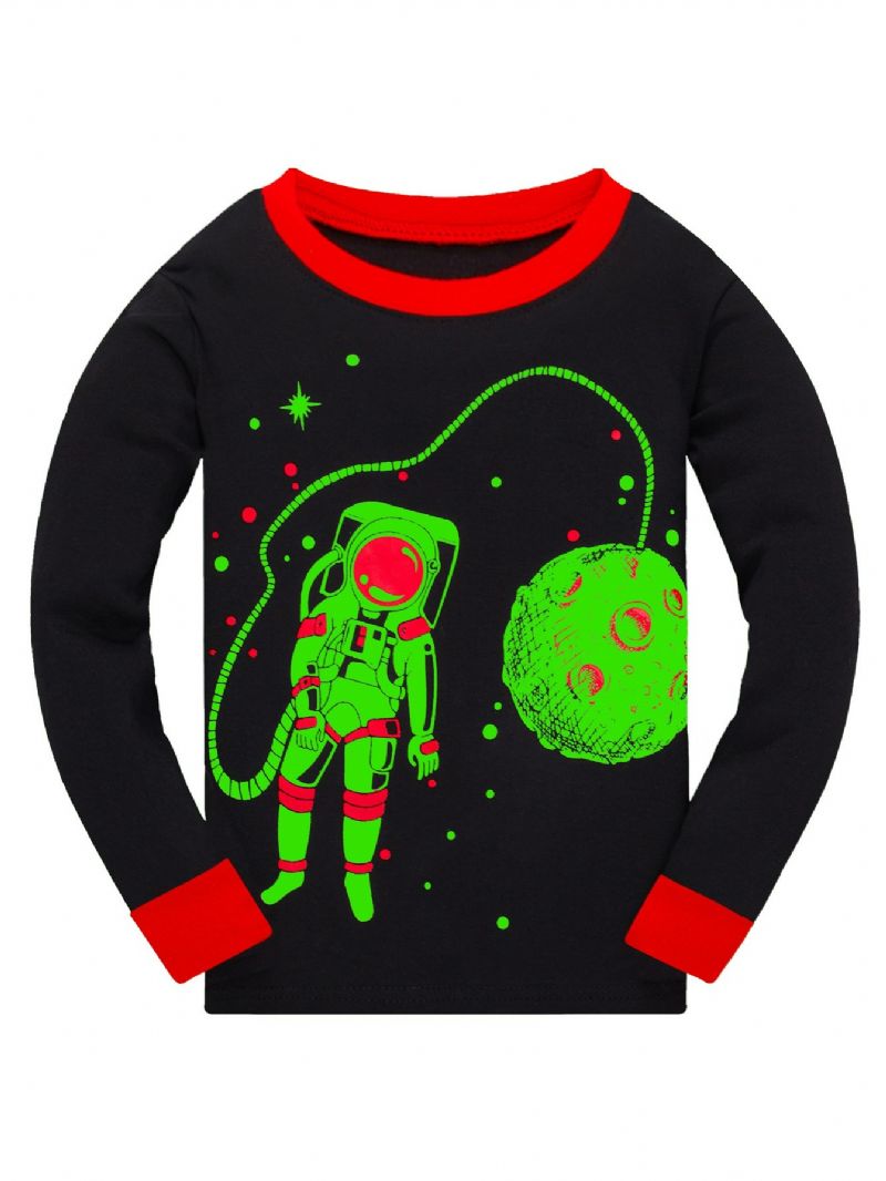 Popshion Drenge Lysende Astronaut Star Moon Rumskib Top & Contrast Trim Pyjamas Buks Sæt