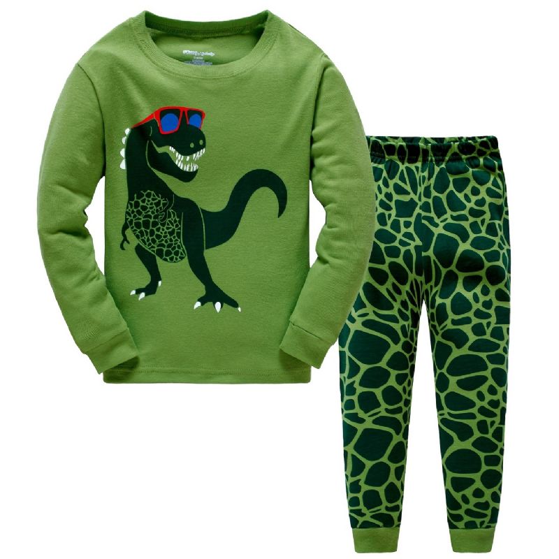 Popshion Drenge Pyjame Sæt 2 Stk Casual Dinosaur Crewneck Army Green Loungewear