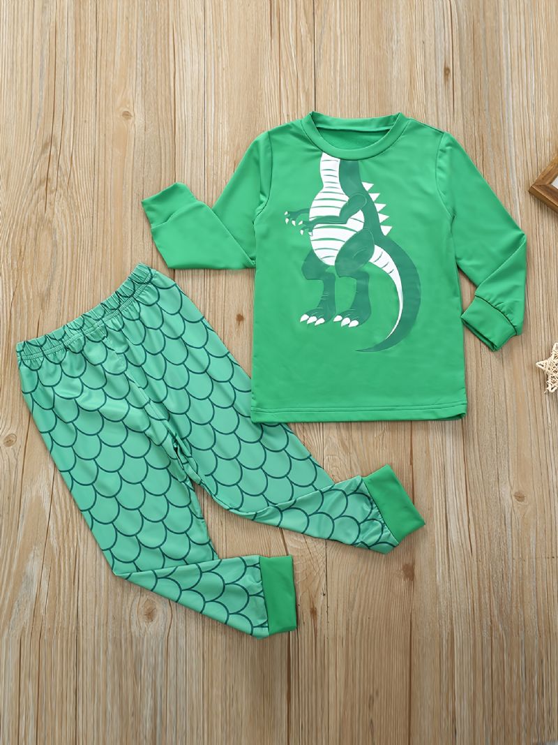 Pyjamas Til Børn Sød Dinosaur Print Med Rund Hals Og Langærmet Top Og Bukser Sæt Til Drenge Piger