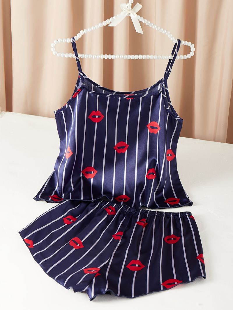 Silkebløde Læber Mønster Satin Pyjamas Crop Cami Top & Drenge Shorts Sæt Dameundertøj Og Nattøj