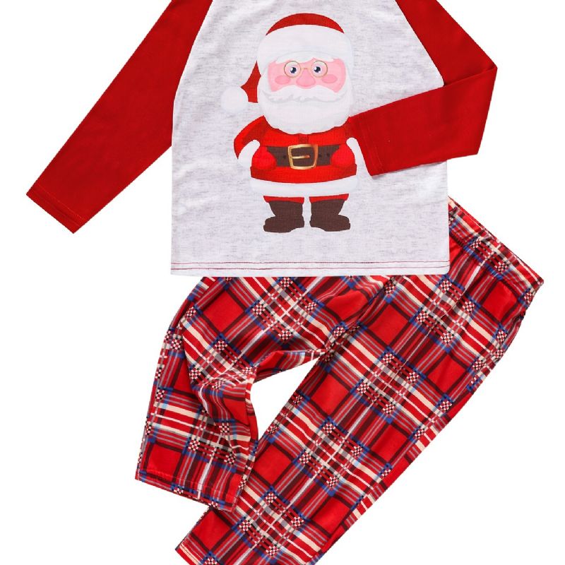 Småbørn Baby Jul Pyjamas Familie Outfit Julemand Print Rund Hals Langærmet Top & Plaid Bukser Sæt Til Drenge Piger Børn Tøj