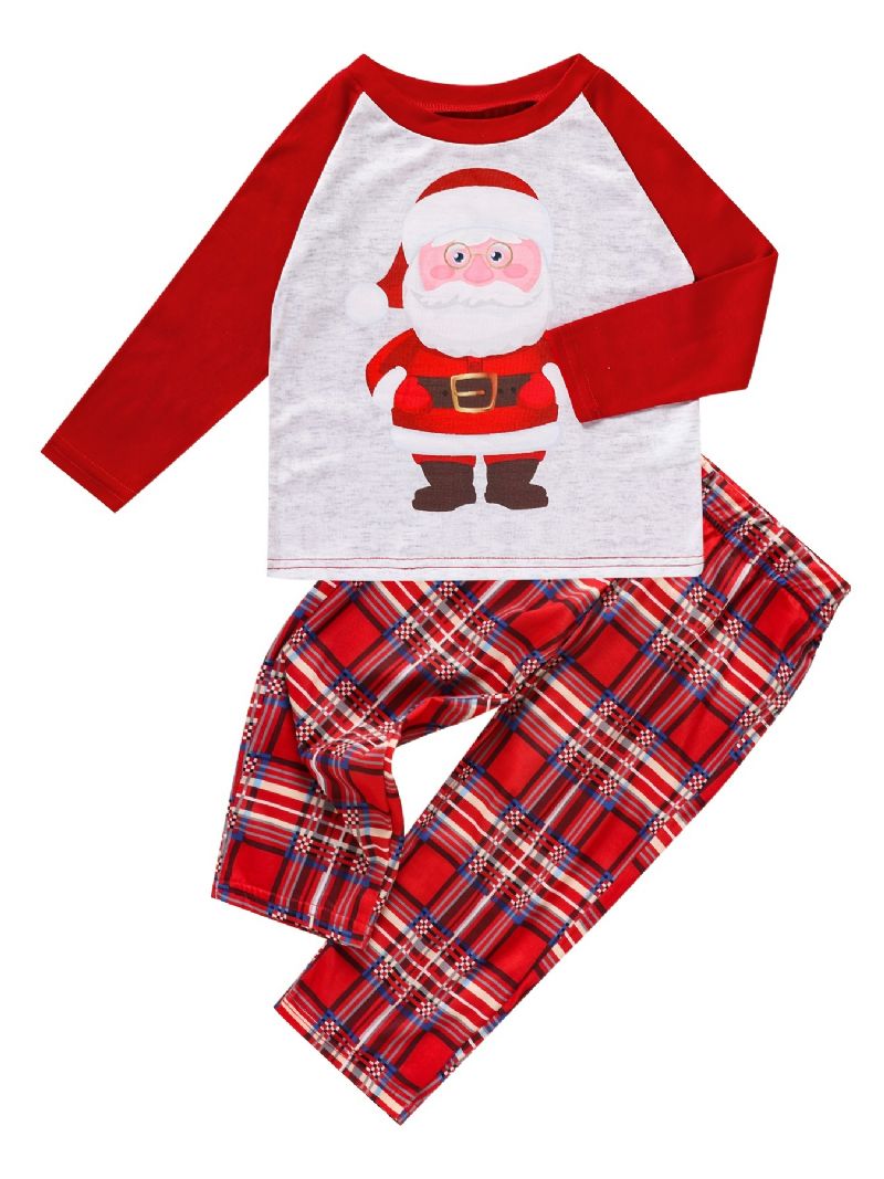 Småbørn Baby Jul Pyjamas Familie Outfit Julemand Print Rund Hals Langærmet Top & Plaid Bukser Sæt Til Drenge Piger Børn Tøj