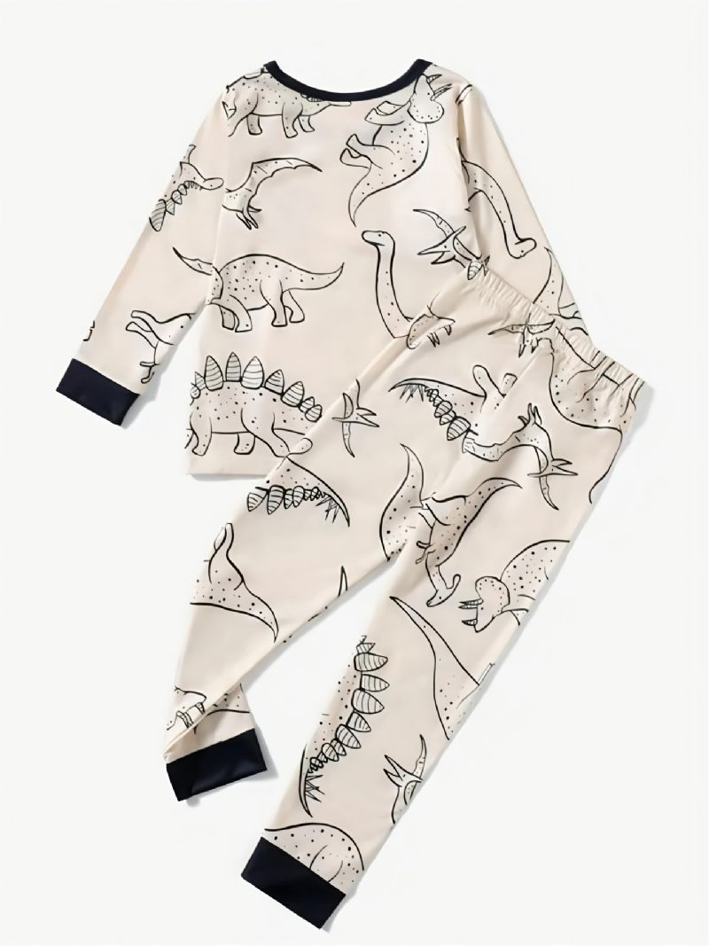 Småbørn Drenge Tegneserie Dinosaur Print Langærmet Top Med Rund Hals Pyjamassæt Nattøj Børnetøjssæt