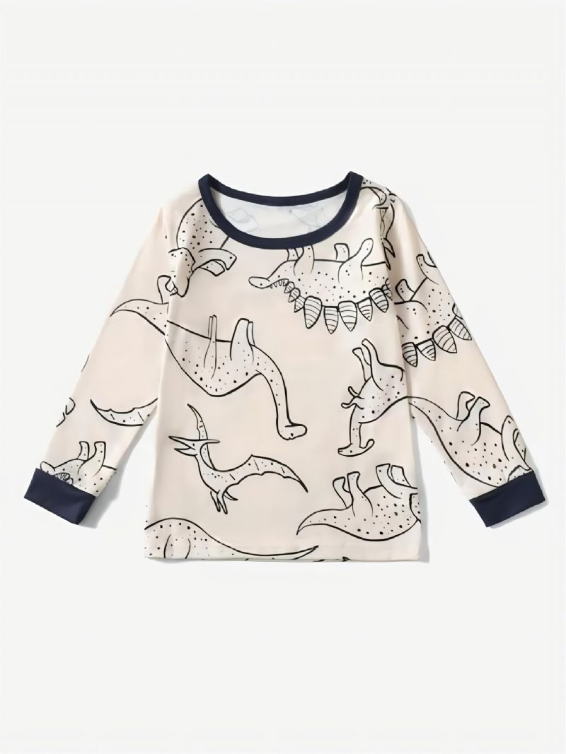 Småbørn Drenge Tegneserie Dinosaur Print Langærmet Top Med Rund Hals Pyjamassæt Nattøj Børnetøjssæt