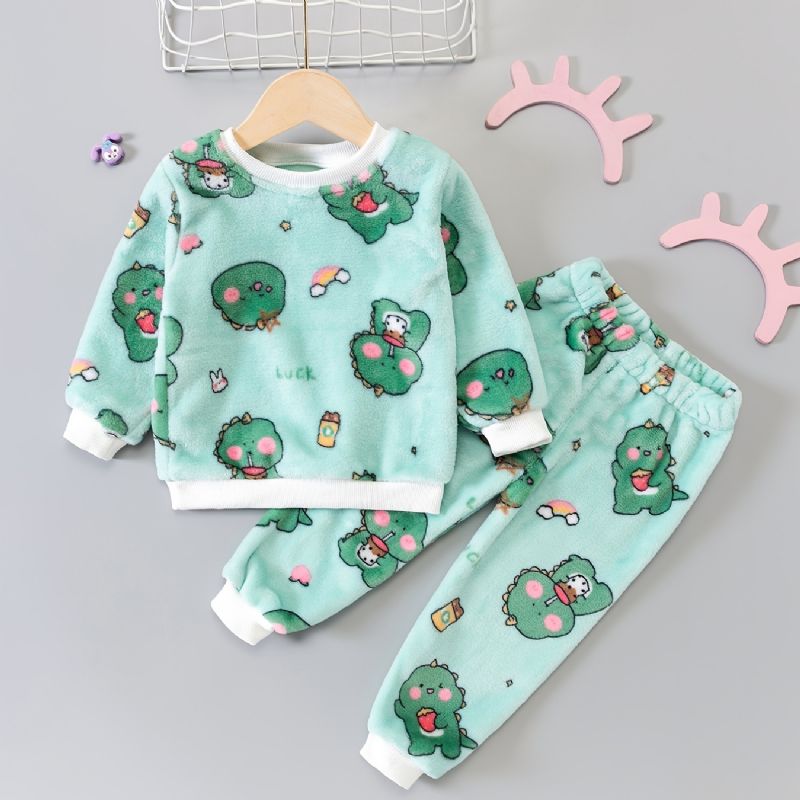 Toddler Baby Plys Pyjamas Familie Outfit Dinosaur Print Rund Hals Langærmet Top & Bukser Sæt Til Drenge Piger Børn Tøj