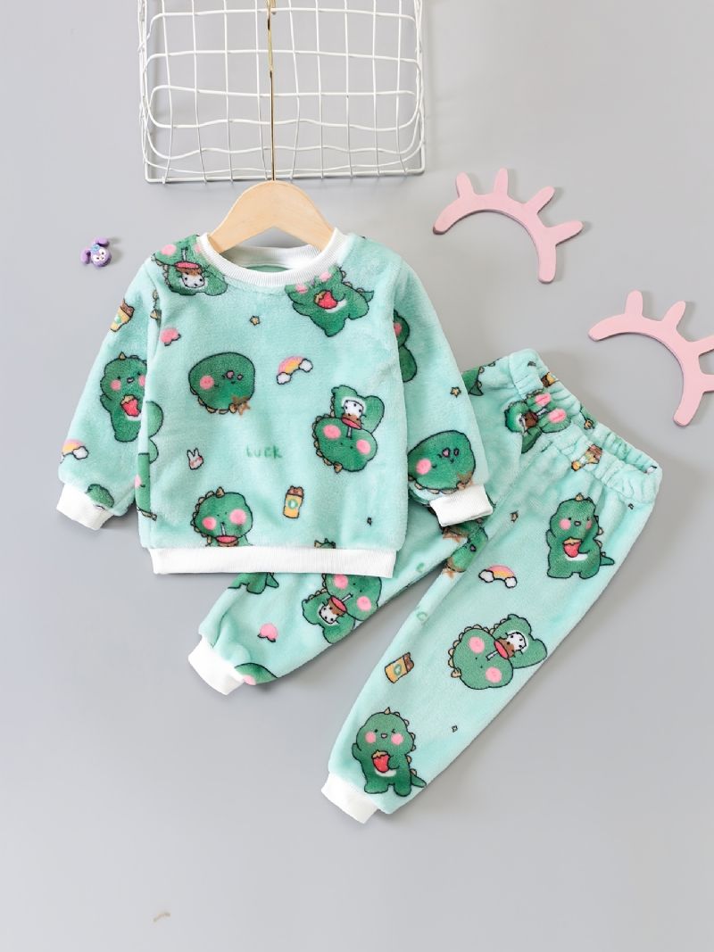 Toddler Baby Plys Pyjamas Familie Outfit Dinosaur Print Rund Hals Langærmet Top & Bukser Sæt Til Drenge Piger Børn Tøj