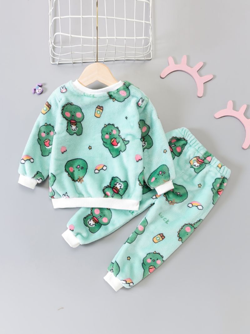 Toddler Baby Plys Pyjamas Familie Outfit Dinosaur Print Rund Hals Langærmet Top & Bukser Sæt Til Drenge Piger Børn Tøj