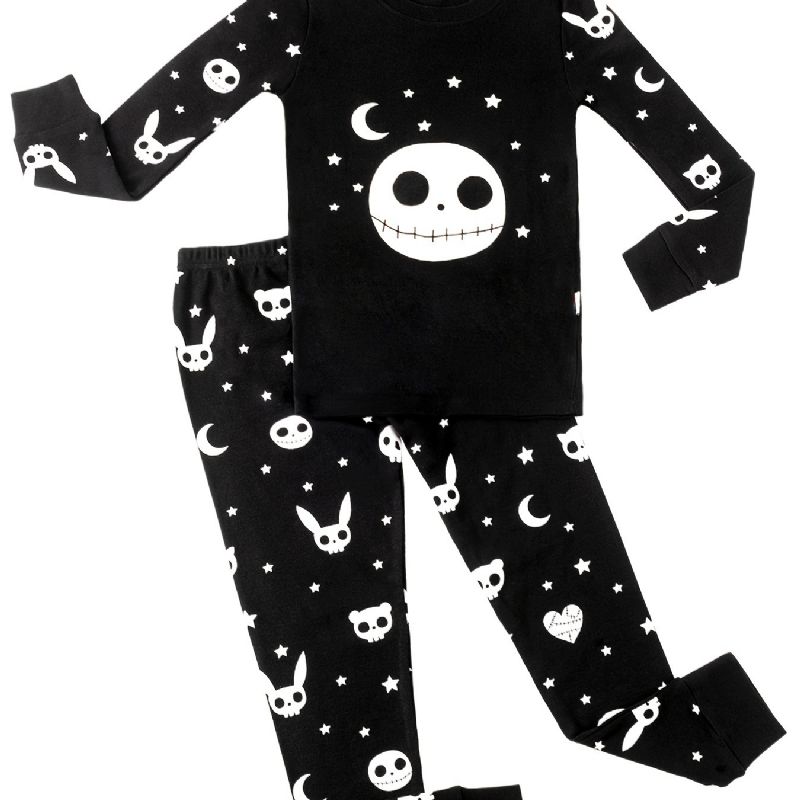 Toddler Baby Pyjamas Outfit Glow-in-the-mørke Tegneserietryk Med Rund Hals Langærmet Top & Bukser Sæt Til Drenge Piger