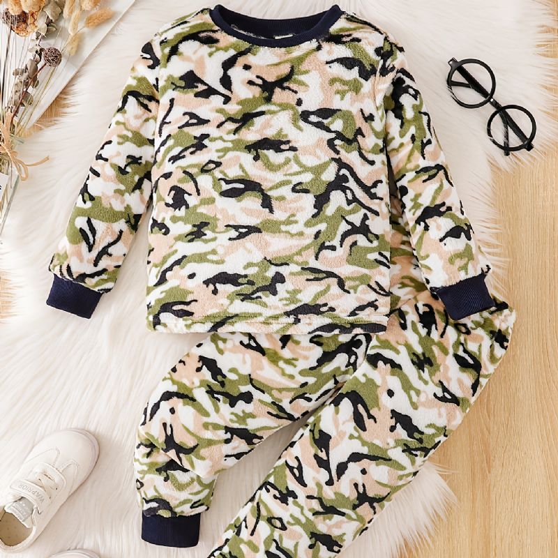 Toddler Drenge Flannel Camo Print Crew Neck Pullover Sweatshirt Pyjamas Sæt