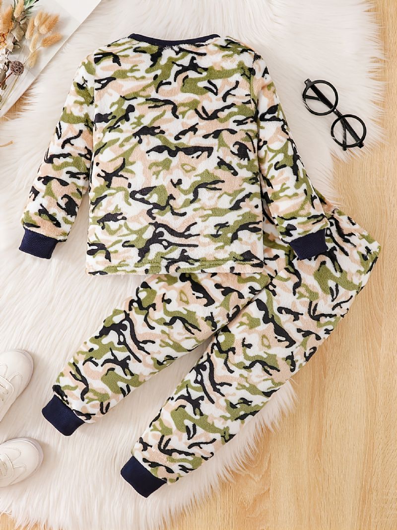 Toddler Drenge Flannel Camo Print Crew Neck Pullover Sweatshirt Pyjamas Sæt