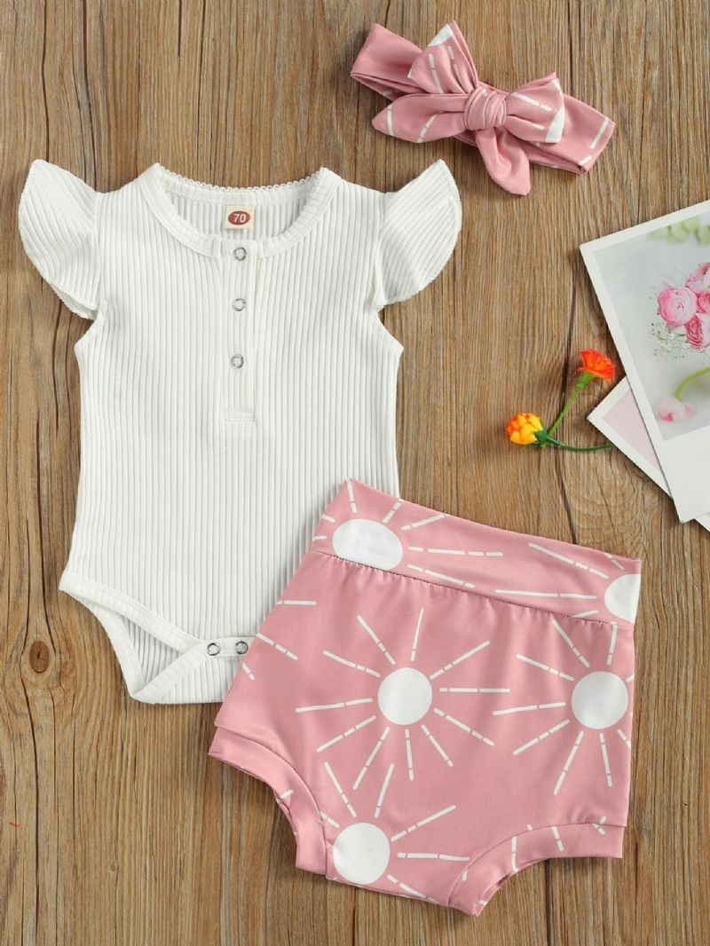 3 Stk Sløjfe Baby Piger Kortærmet Romper & Sun Print Shorts