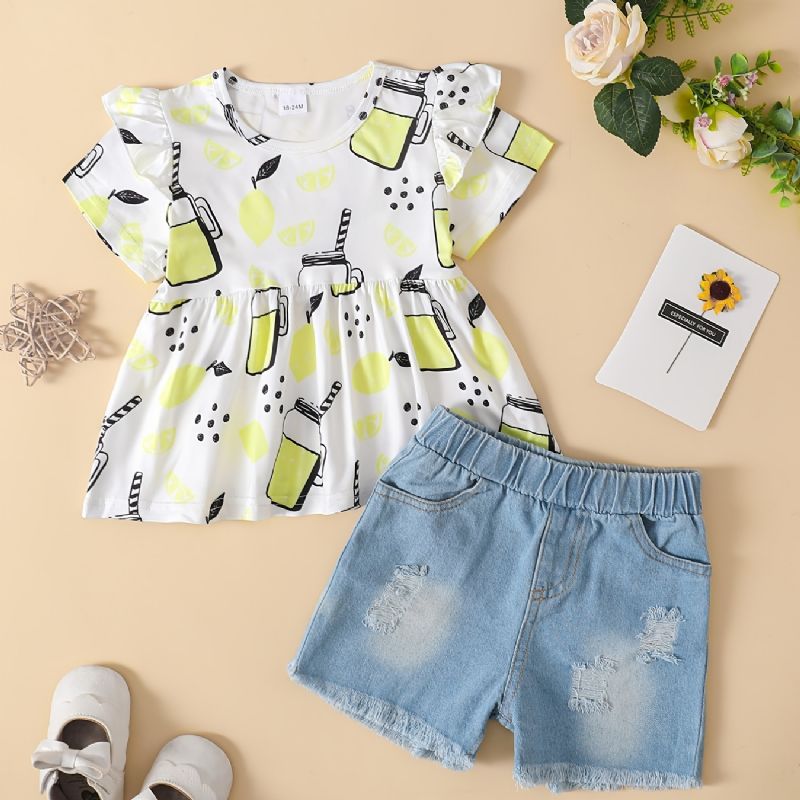 Babypiger Citronprint Flying Sleeve Kortærmet Top & Denim Shorts Sæt Sommer Outfit Børnetøj