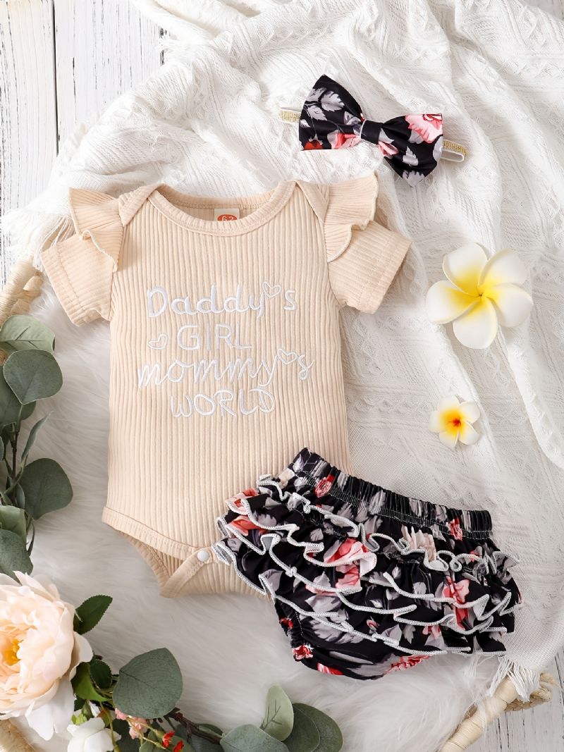 Babypiger Rulle Med Rund Hals Med Flæse + Blomsterprint Underdele Shorts + Pandebåndsæt Babytøj Bodysuit Onesie