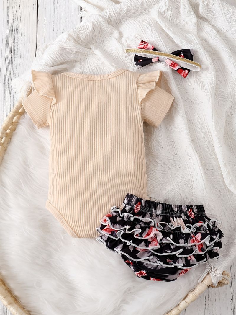 Babypiger Rulle Med Rund Hals Med Flæse + Blomsterprint Underdele Shorts + Pandebåndsæt Babytøj Bodysuit Onesie