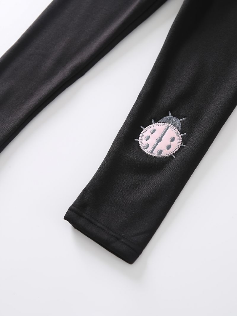 Piger High Stretch Bløde Leggings Beetle Broderi Varme Fleece Forede Bukser Vinter Børnetøj