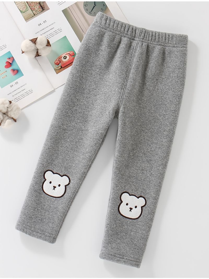 Piger High Stretch Bløde Leggings Fleece Varm Bear Broderet Børnetøj